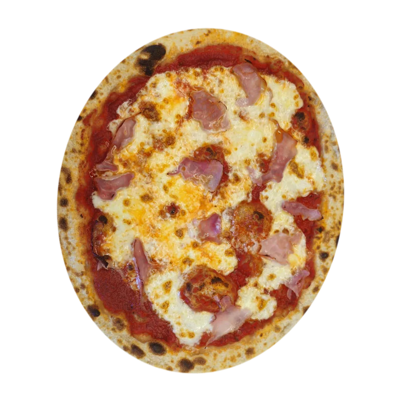 Gebackene Pizza mit Schinken und Mozzarella auf einem Holzbrett
